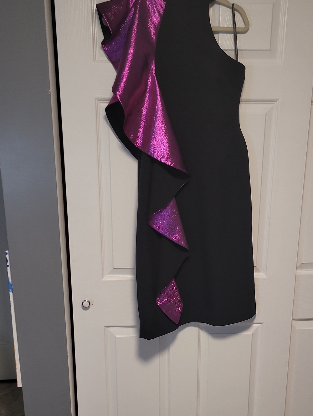 Karen Millen Black One-Shoulder Dress with Metallic Purple Ruffle